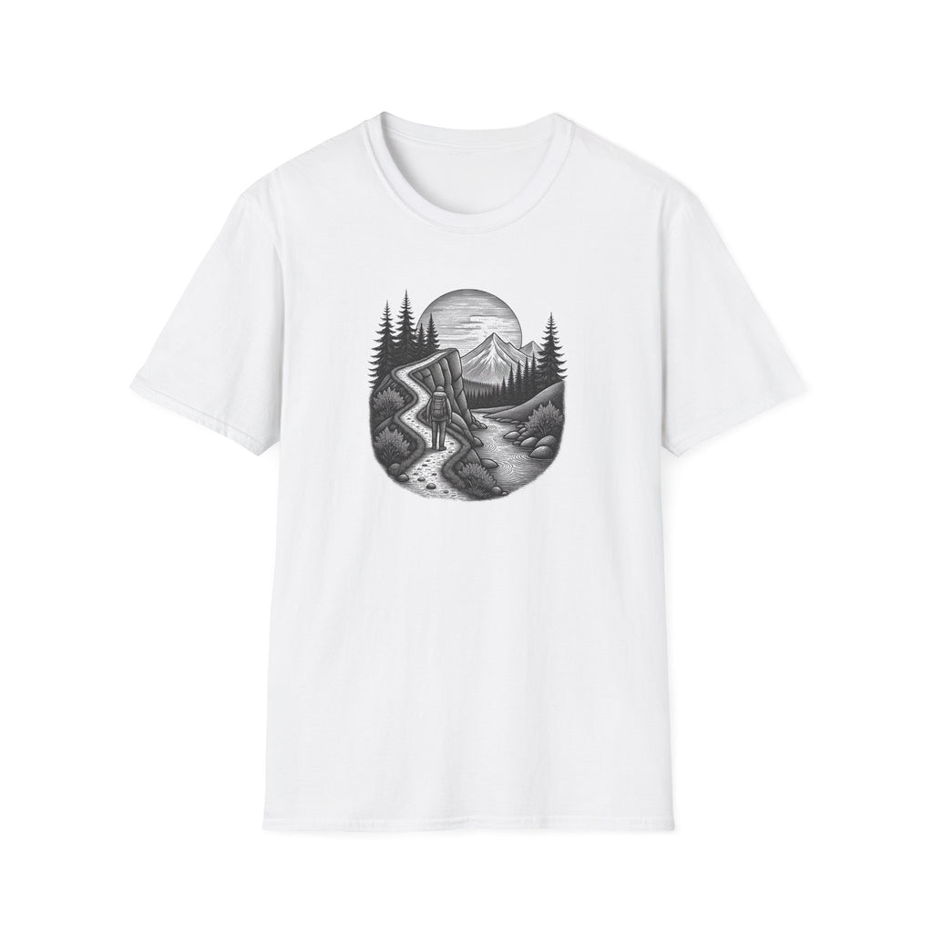 Mountain Road Etched Illustration T-Shirt | Scenic Forest Landscape
