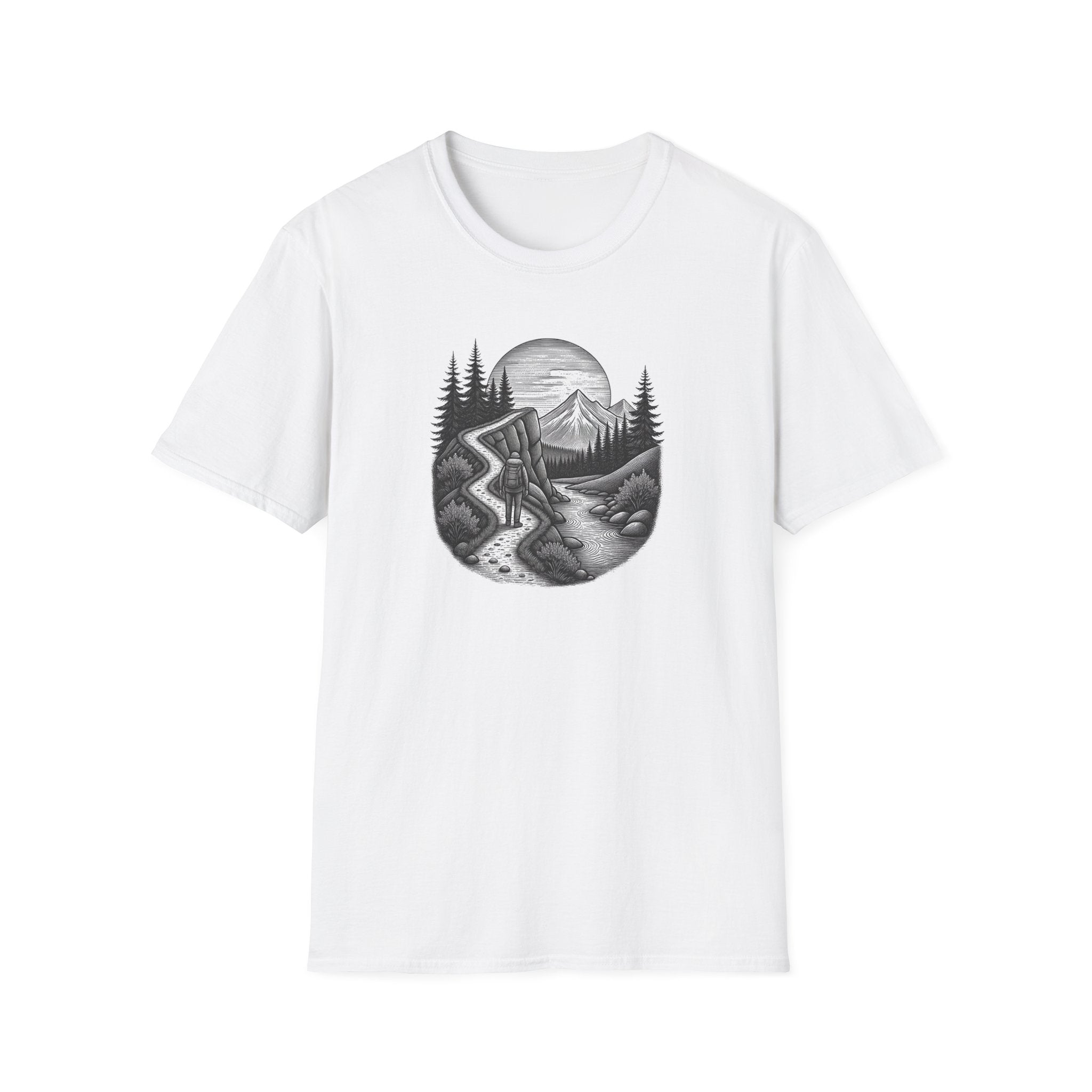 Mountain Road Etched Illustration T-Shirt | Scenic Forest Landscape