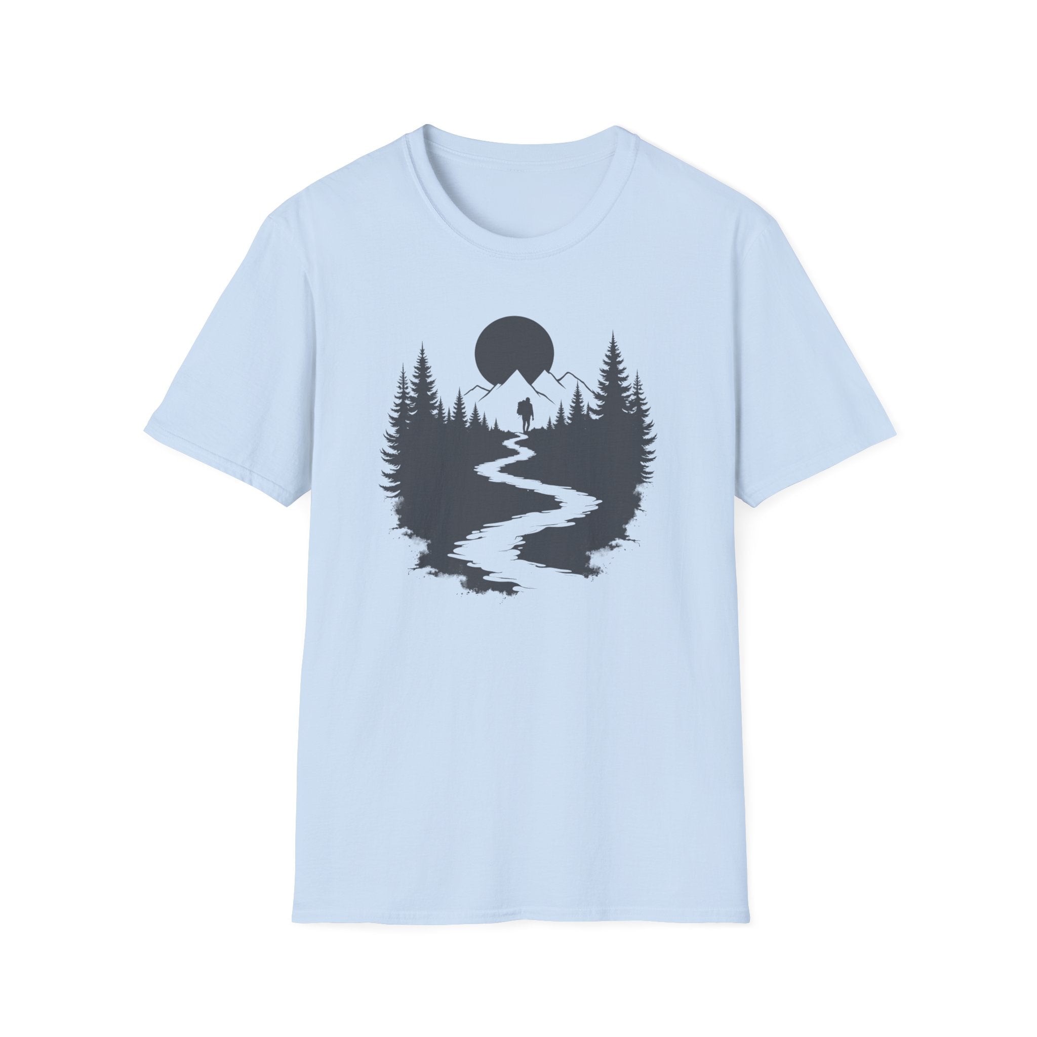 Mountain River Silhouette T-Shirt Monochrome | Forest Hiking Nature Tee