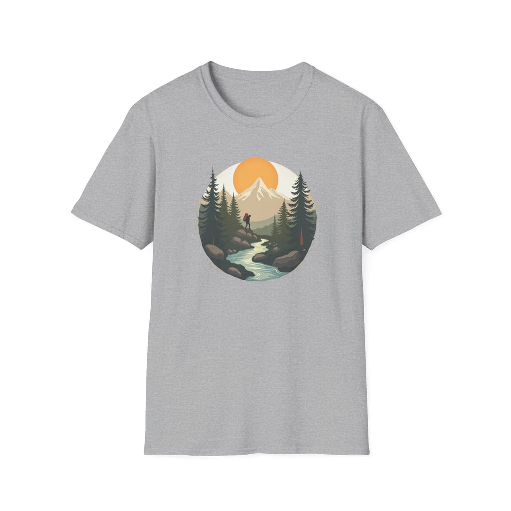 Mountain Sunset Hiker T-Shirt | Scenic Forest River Graphic