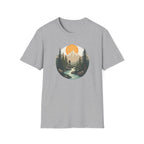Mountain Sunset Hiker T-Shirt | Scenic Forest River Graphic
