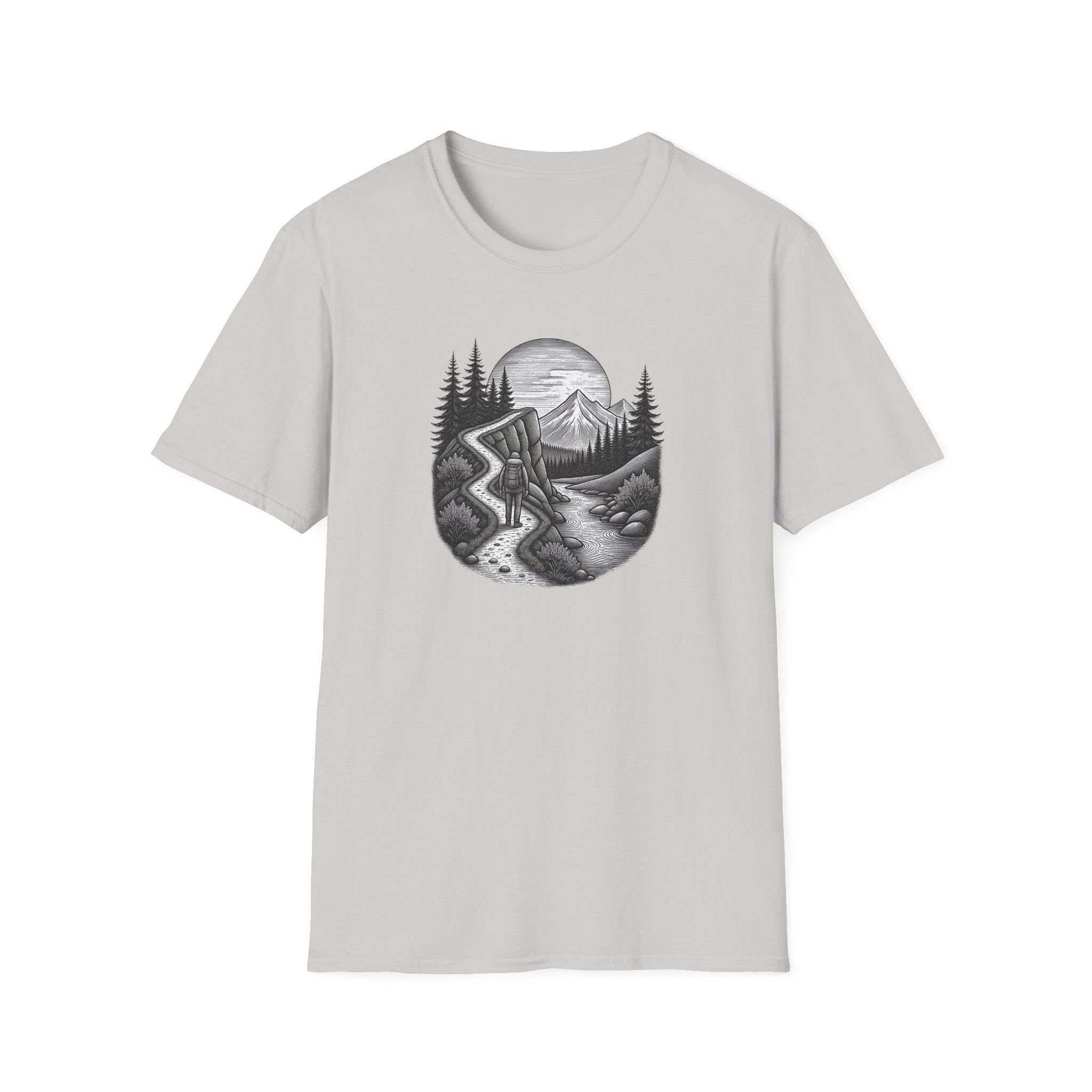 Mountain Road Etched Illustration T-Shirt | Scenic Forest Landscape