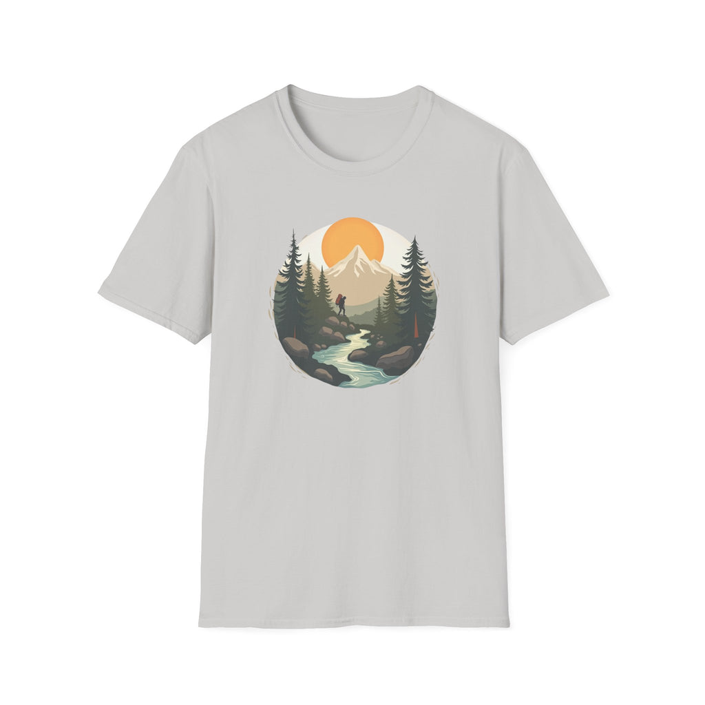 Mountain Sunset Hiker T-Shirt | Scenic Forest River Graphic
