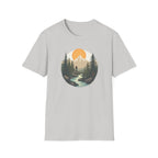 Mountain Sunset Hiker T-Shirt | Scenic Forest River Graphic