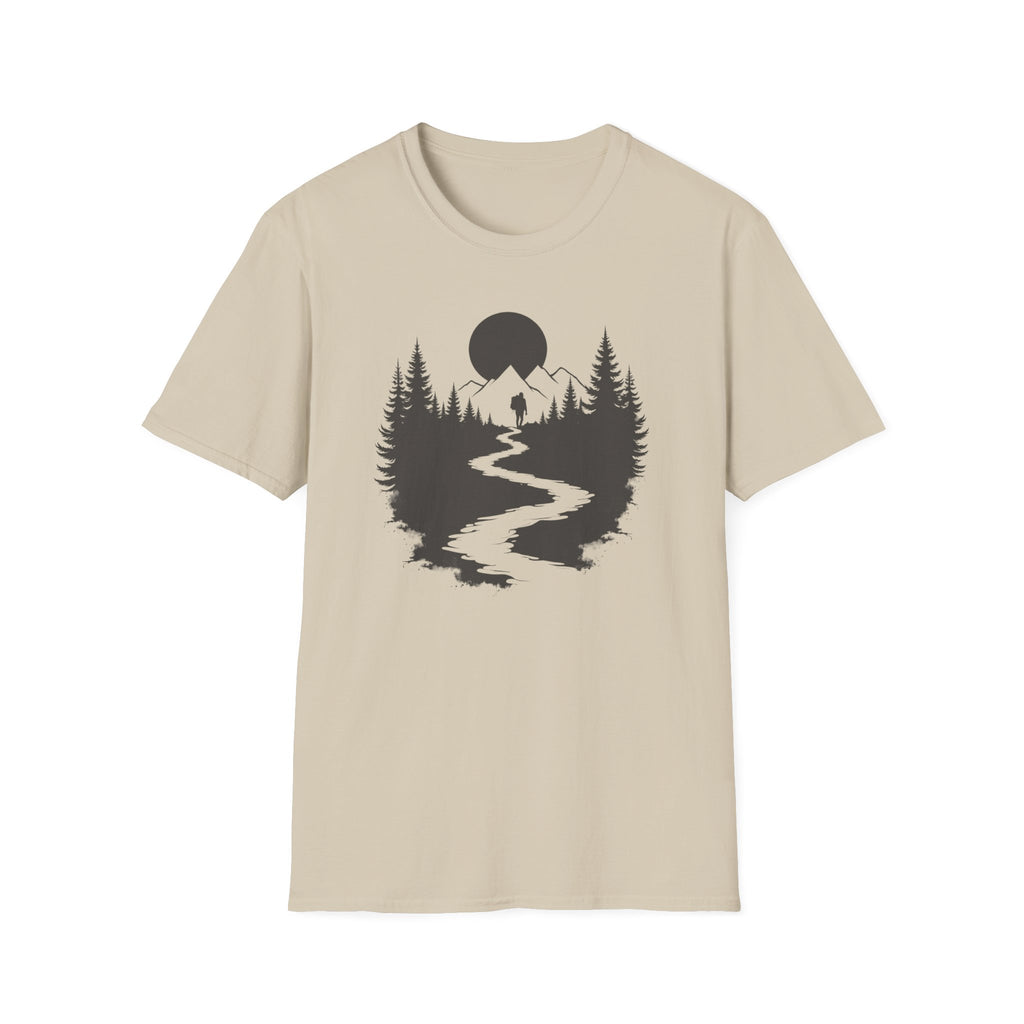 Mountain River Silhouette T-Shirt Monochrome | Forest Hiking Nature Tee