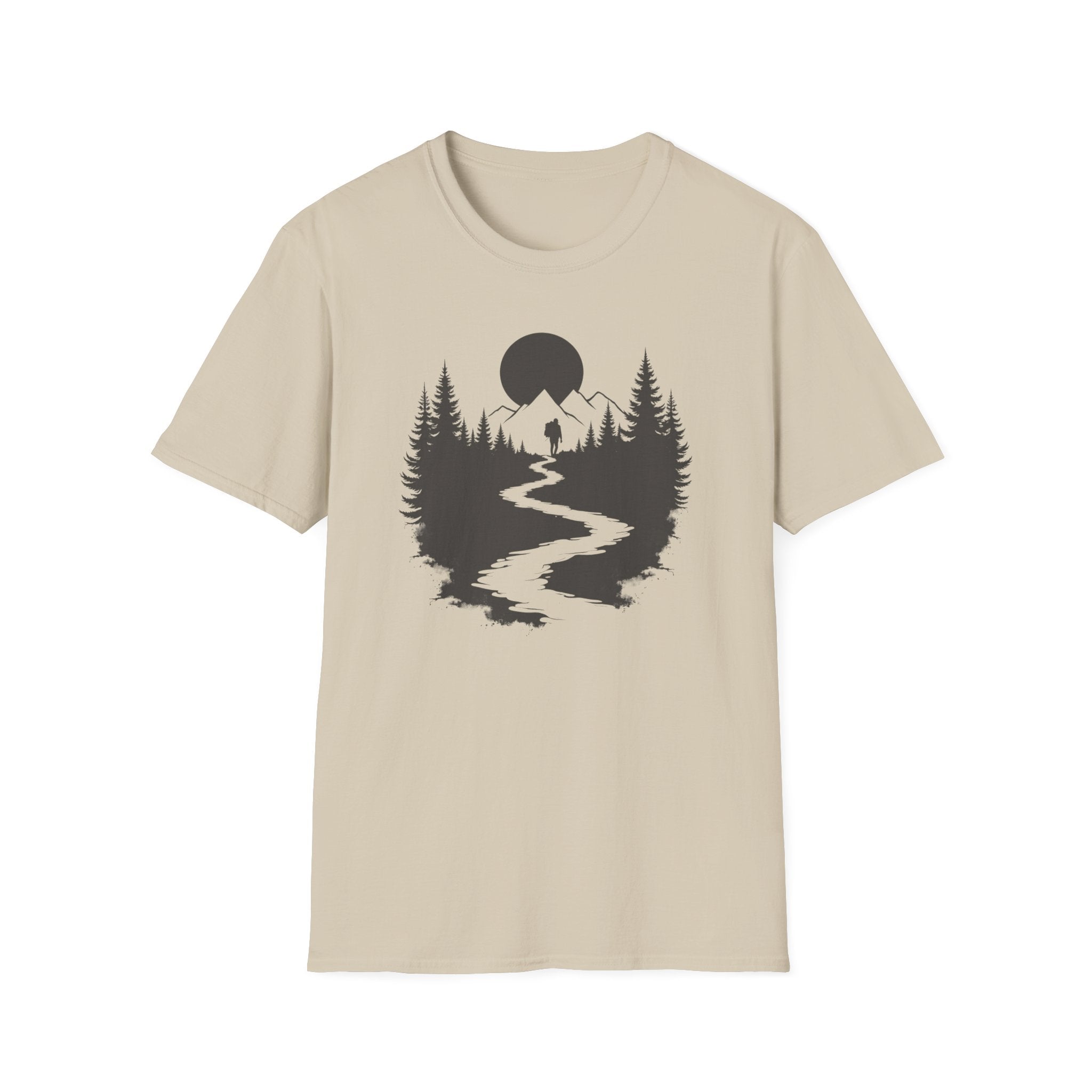 Mountain River Silhouette T-Shirt Monochrome | Forest Hiking Nature Tee
