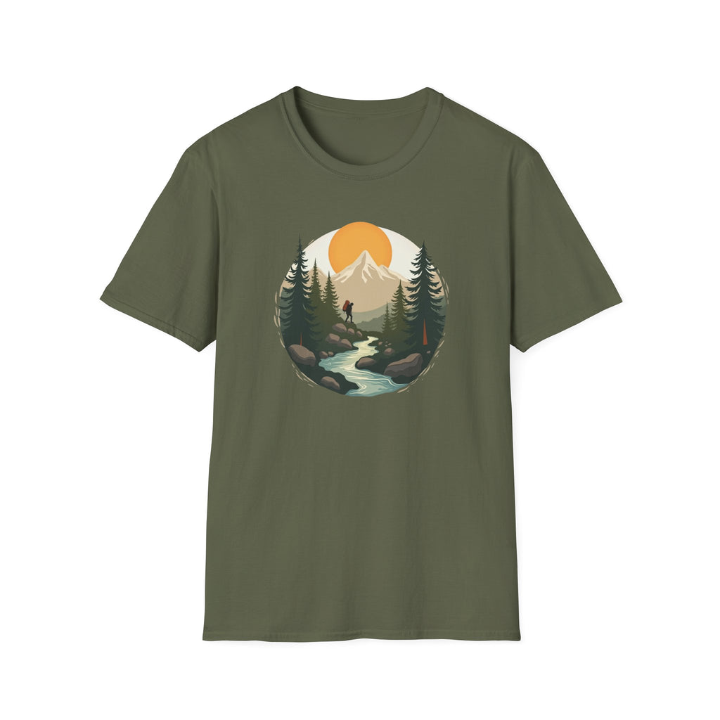 Mountain Sunset Hiker T-Shirt | Scenic Forest River Graphic
