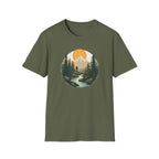 Mountain Sunset Hiker T-Shirt | Scenic Forest River Graphic