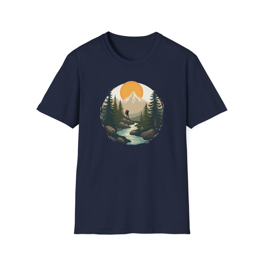 Mountain Sunset Hiker T-Shirt | Scenic Forest River Graphic