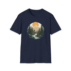 Mountain Sunset Hiker T-Shirt | Scenic Forest River Graphic