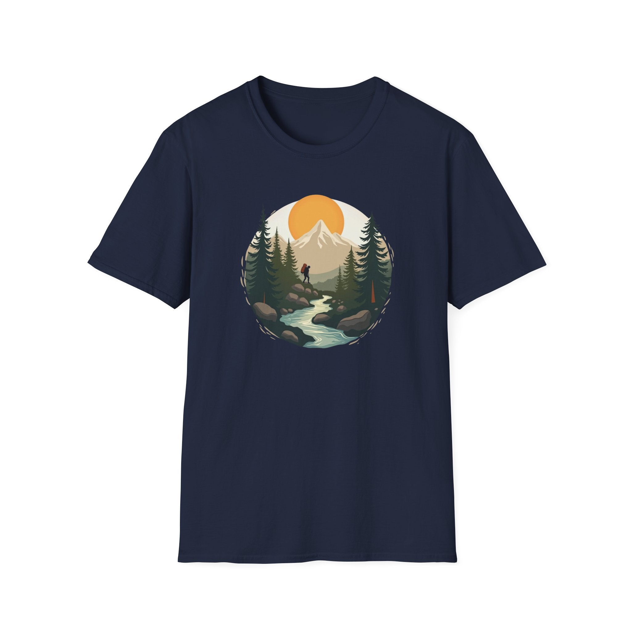 Mountain Sunset Hiker T-Shirt | Scenic Forest River Graphic