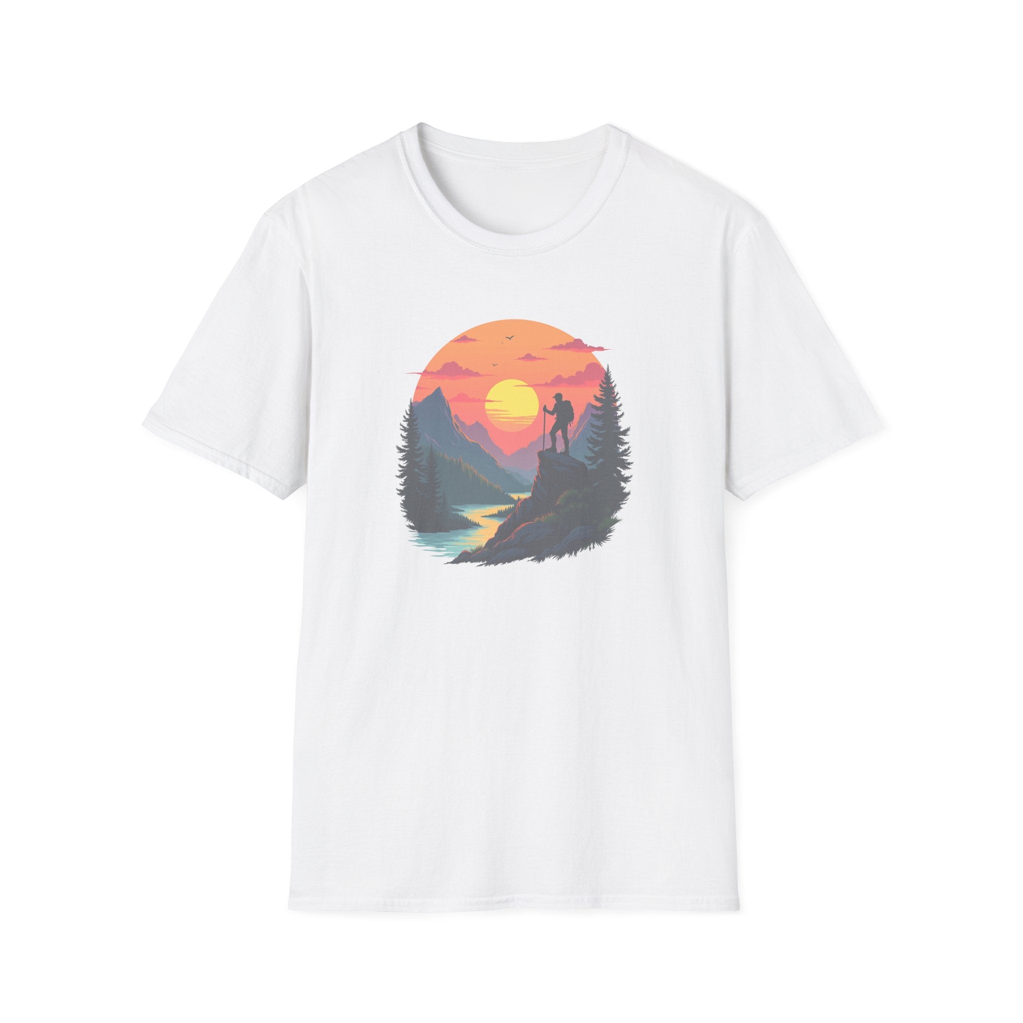 Sunset Mountain Hike T-Shirt | Hiker Silhouette, Scenic River