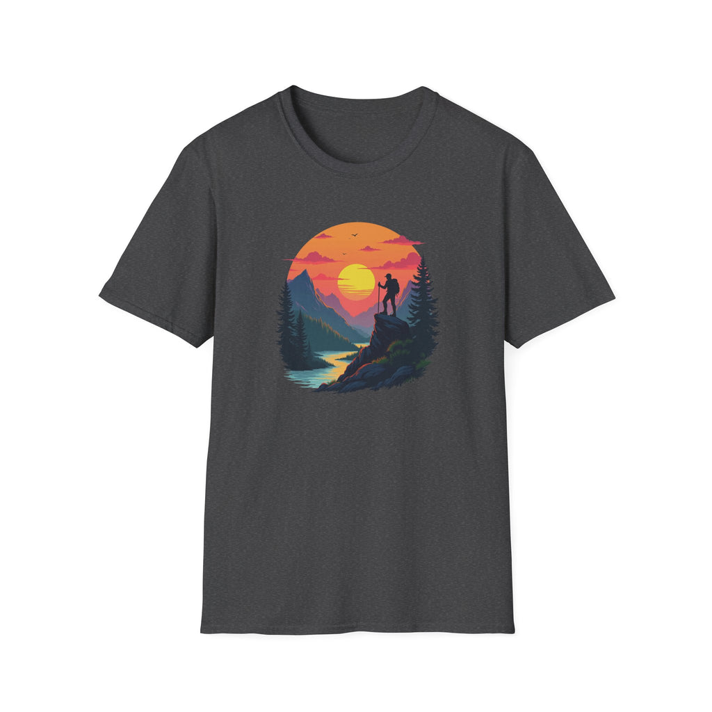 Sunset Mountain Hike T-Shirt | Hiker Silhouette, Scenic River