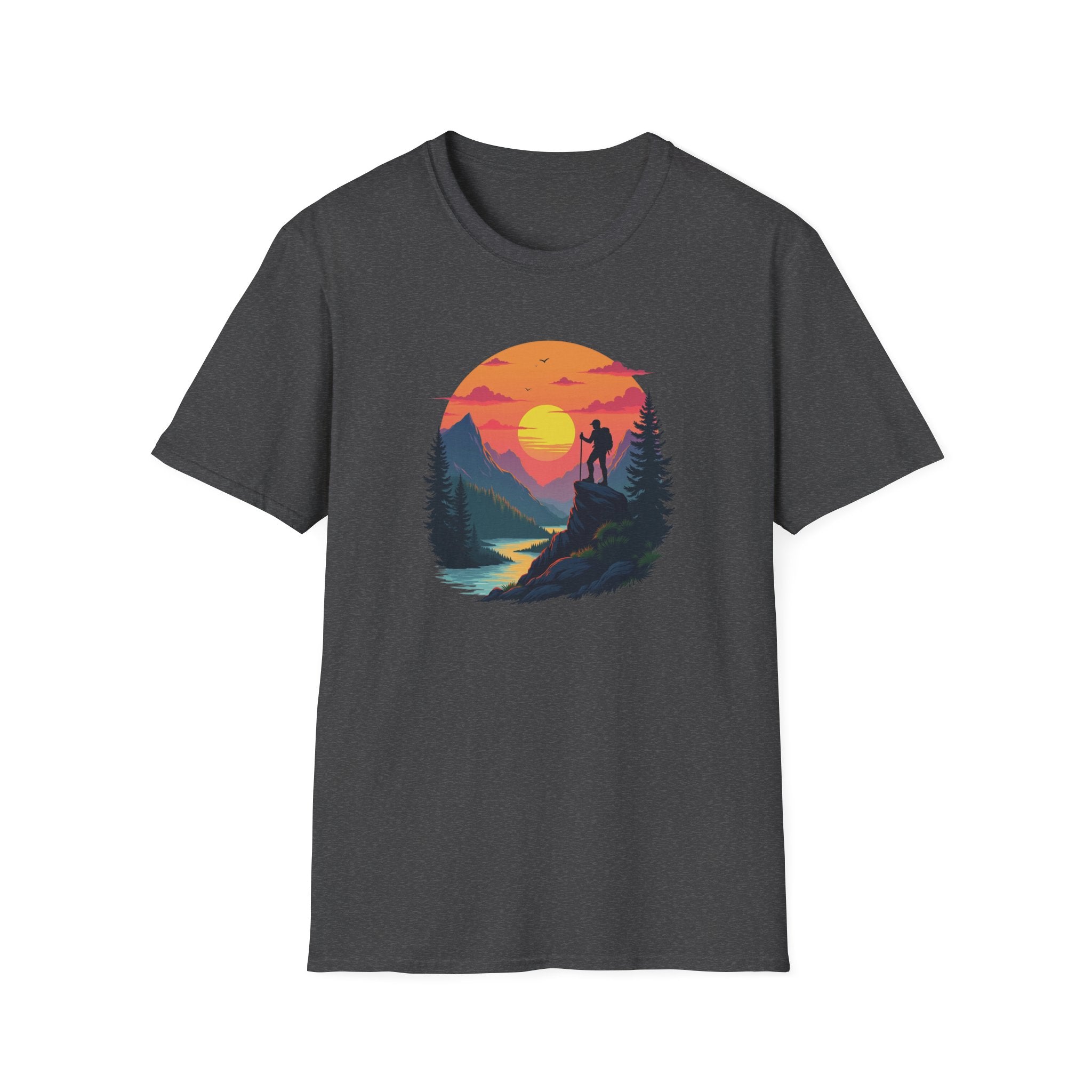 Sunset Mountain Hike T-Shirt | Hiker Silhouette, Scenic River