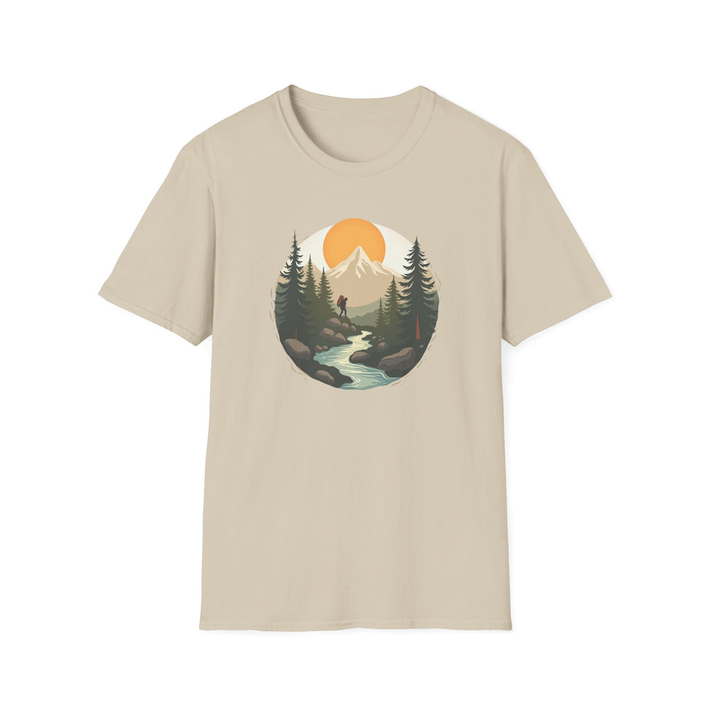 Mountain Sunset Hiker T-Shirt | Scenic Forest River Graphic
