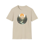 Mountain Sunset Hiker T-Shirt | Scenic Forest River Graphic