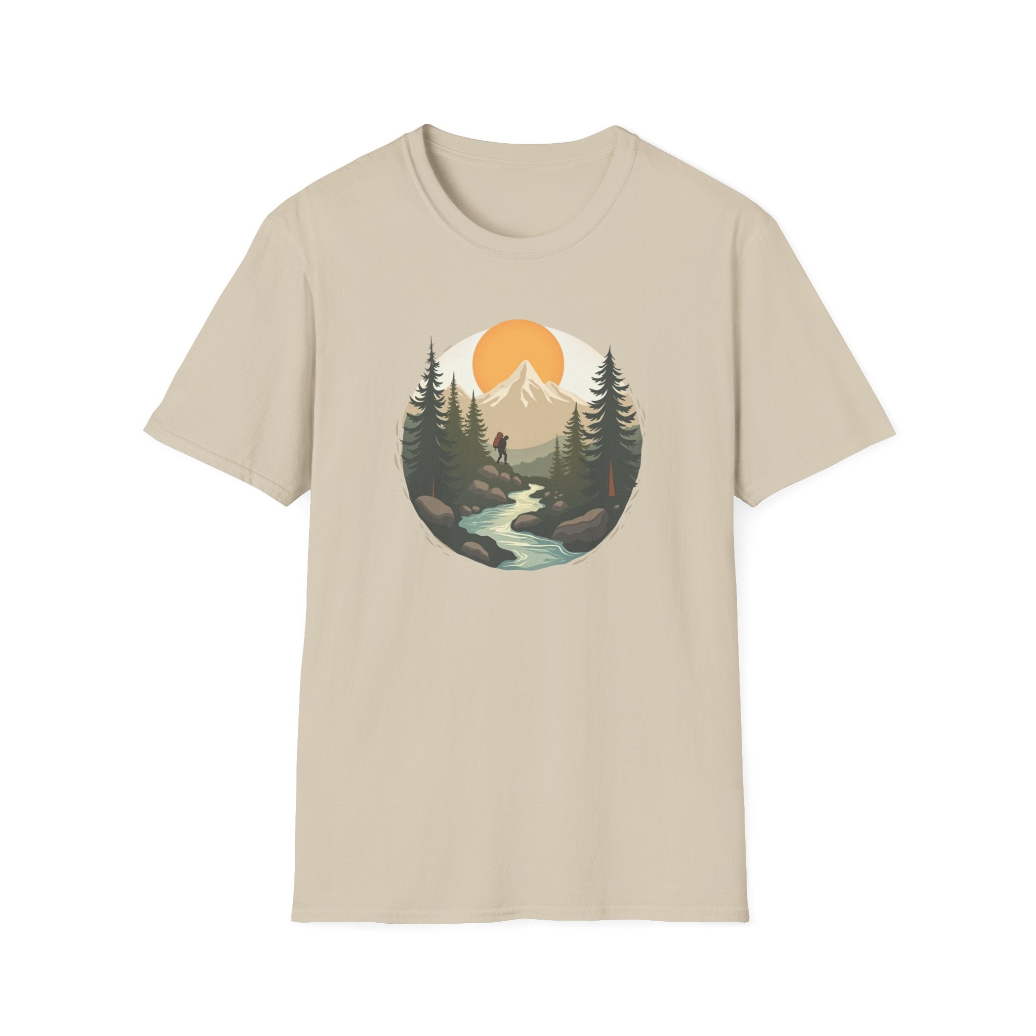 Mountain Sunset Hiker T-Shirt | Scenic Forest River Graphic
