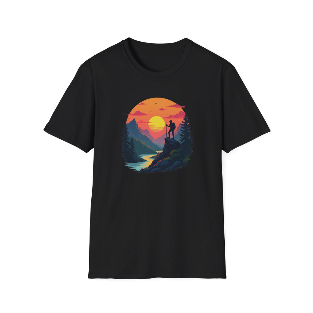 Sunset Mountain Hike T-Shirt | Hiker Silhouette, Scenic River