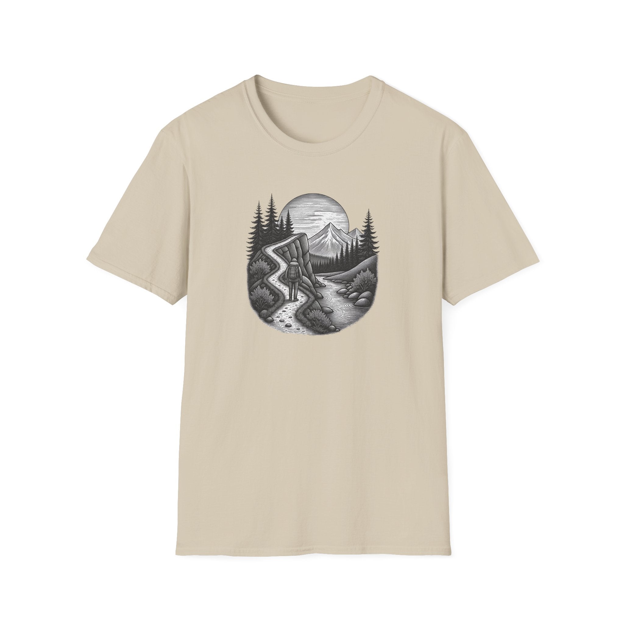 Mountain Road Etched Illustration T-Shirt | Scenic Forest Landscape