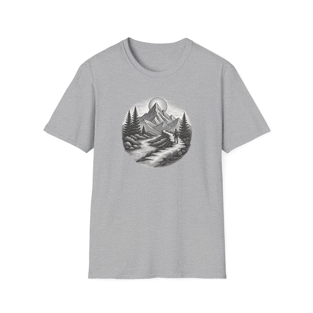 Mountain Landscape T-Shirt | Hand-Drawn River Pines
