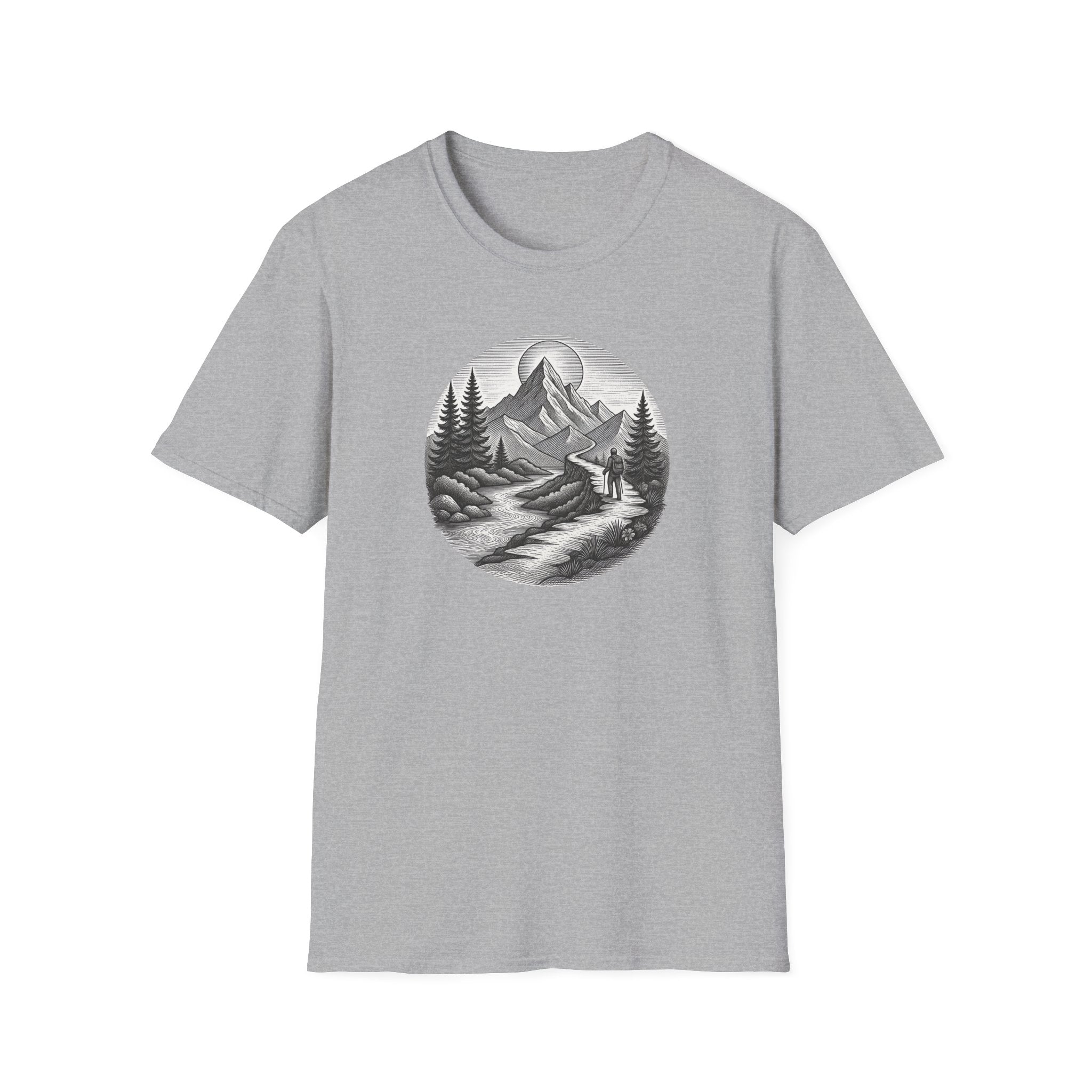 Mountain Landscape T-Shirt | Hand-Drawn River Pines