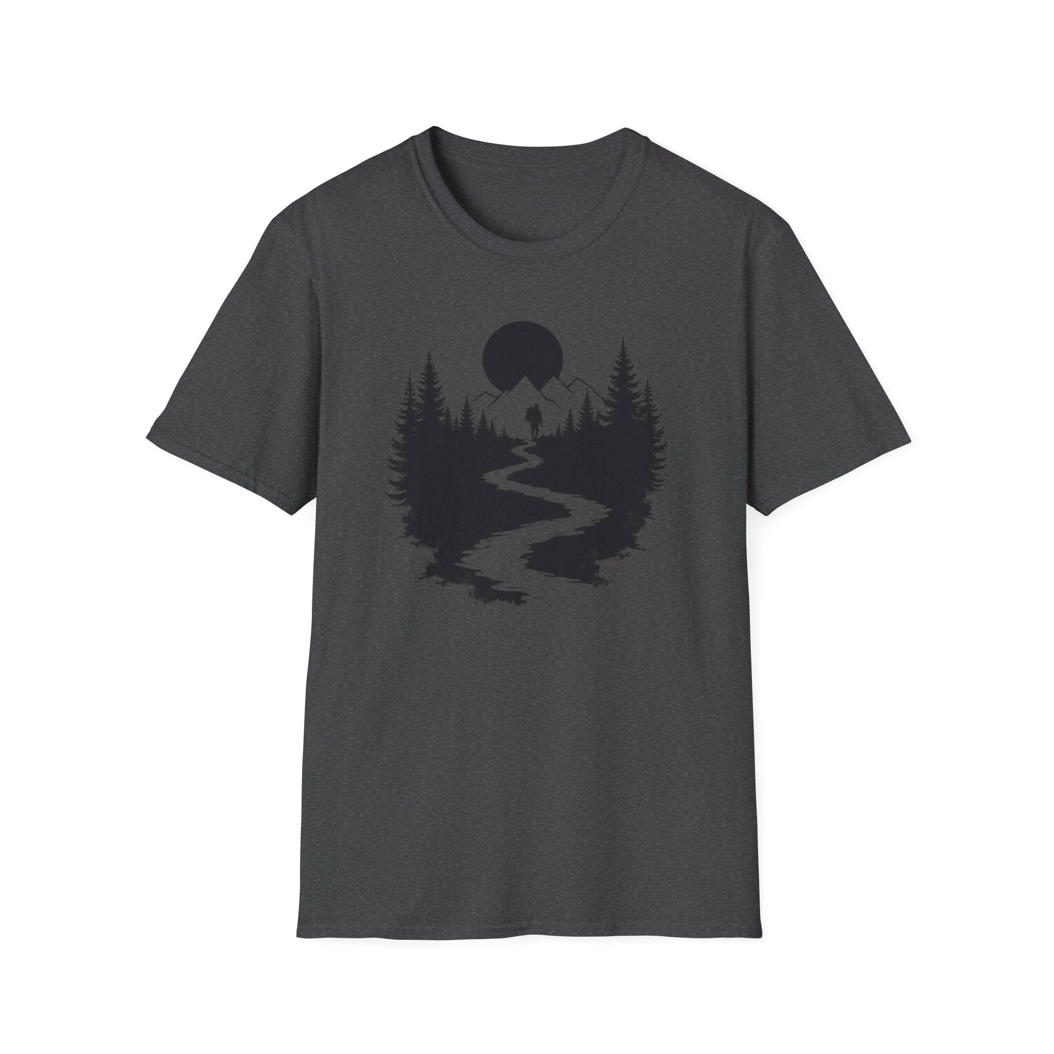 Mountain River Silhouette T-Shirt Monochrome | Forest Hiking Nature Tee
