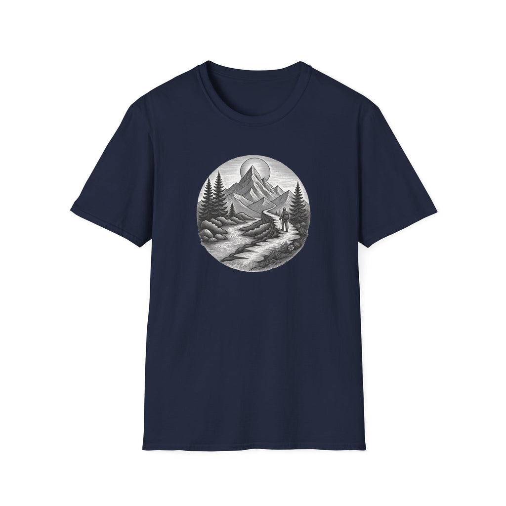Mountain Landscape T-Shirt | Hand-Drawn River Pines