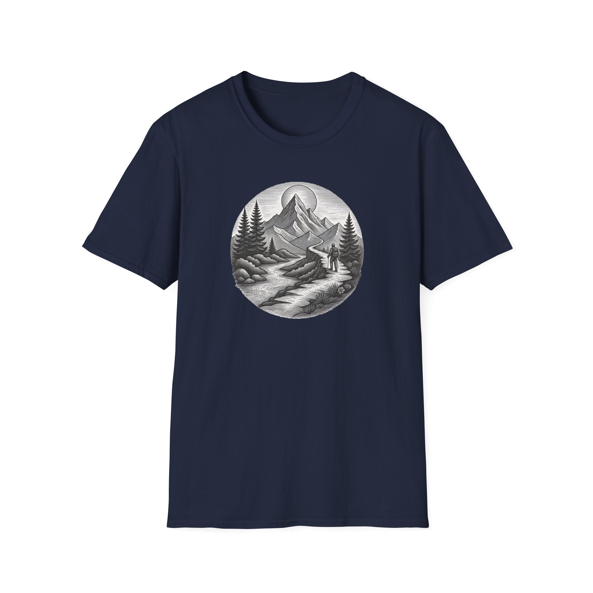 Mountain Landscape T-Shirt | Hand-Drawn River Pines