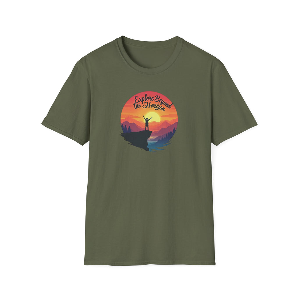 Explore Beyond the Horizon T-Shirt | Mountain Sunset Hiker Design