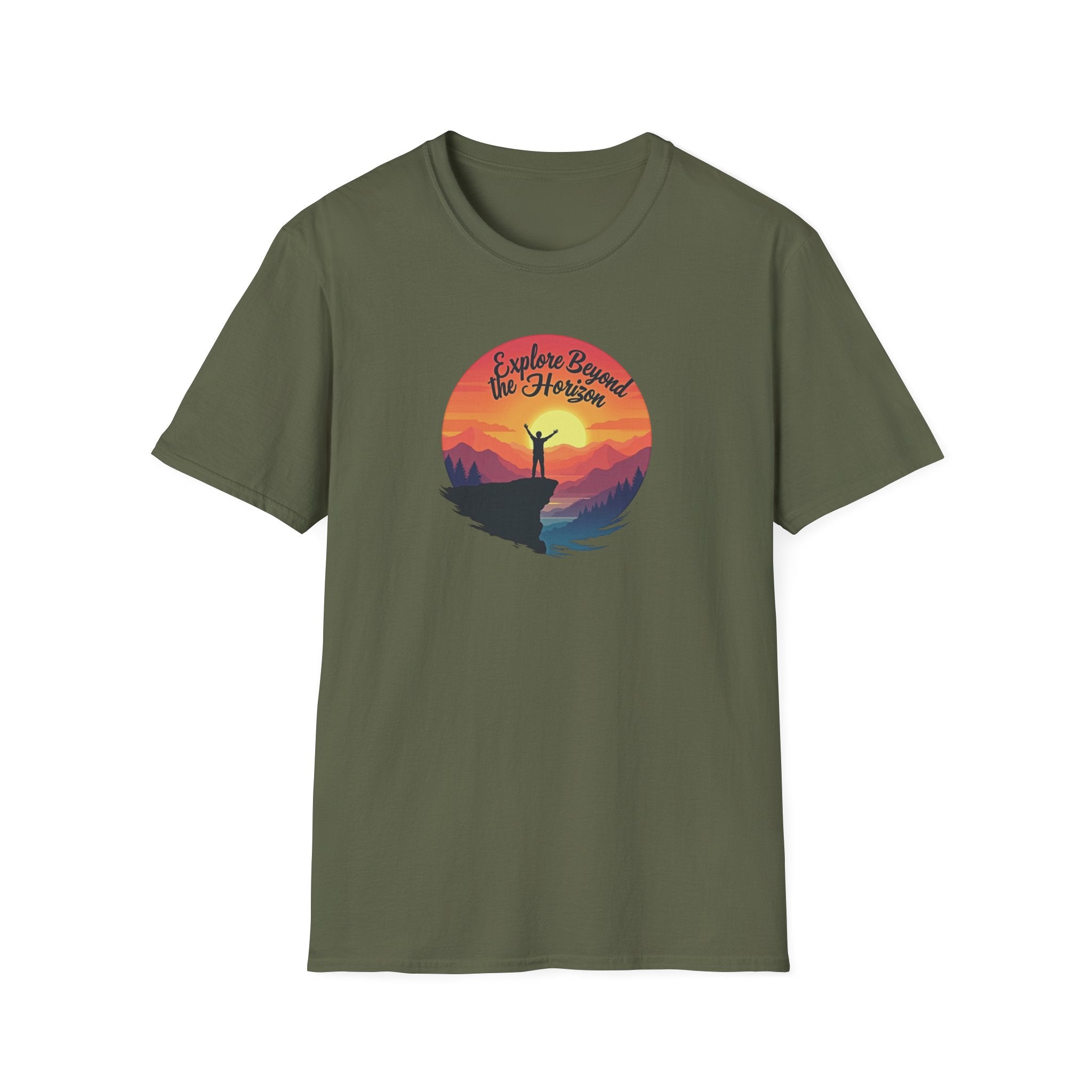 Explore Beyond the Horizon T-Shirt | Mountain Sunset Hiker Design