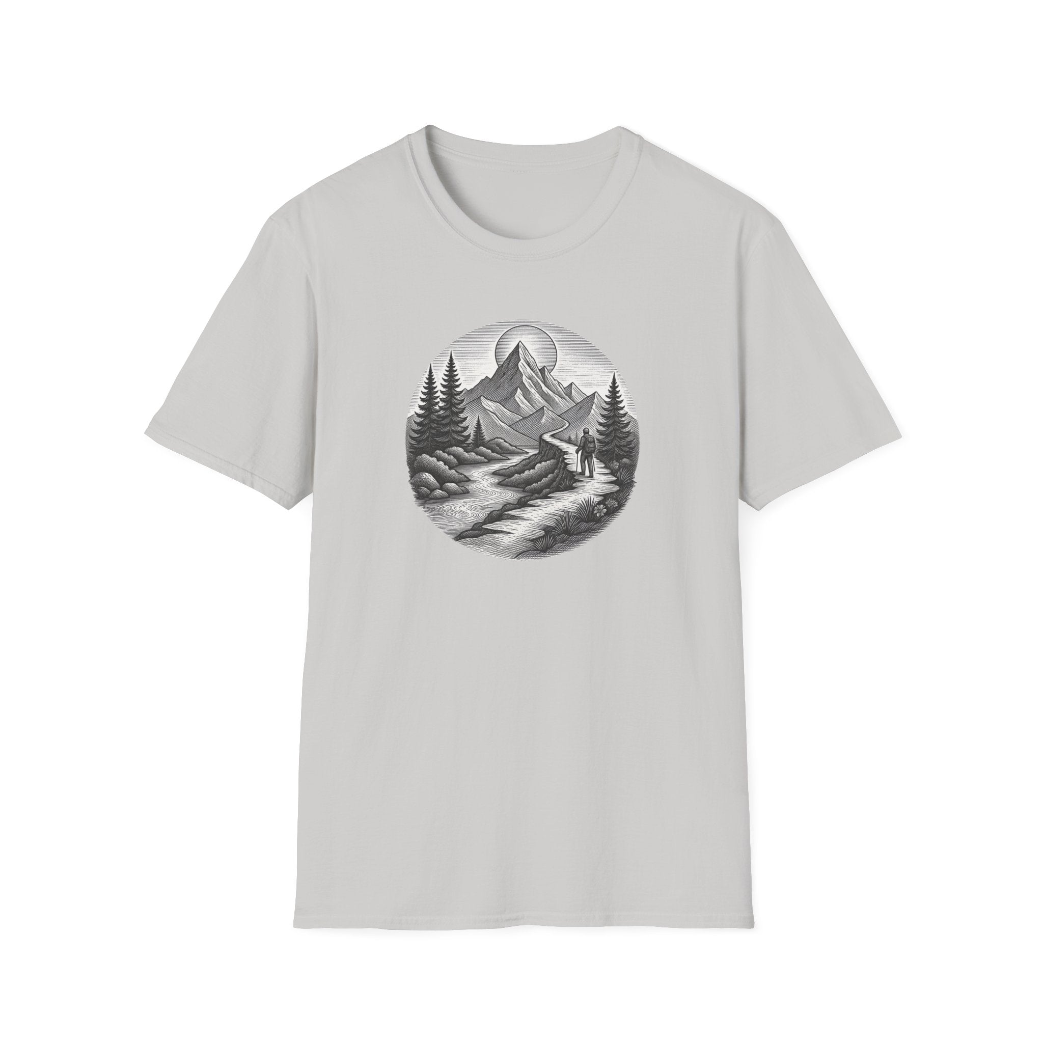 Mountain Landscape T-Shirt | Hand-Drawn River Pines