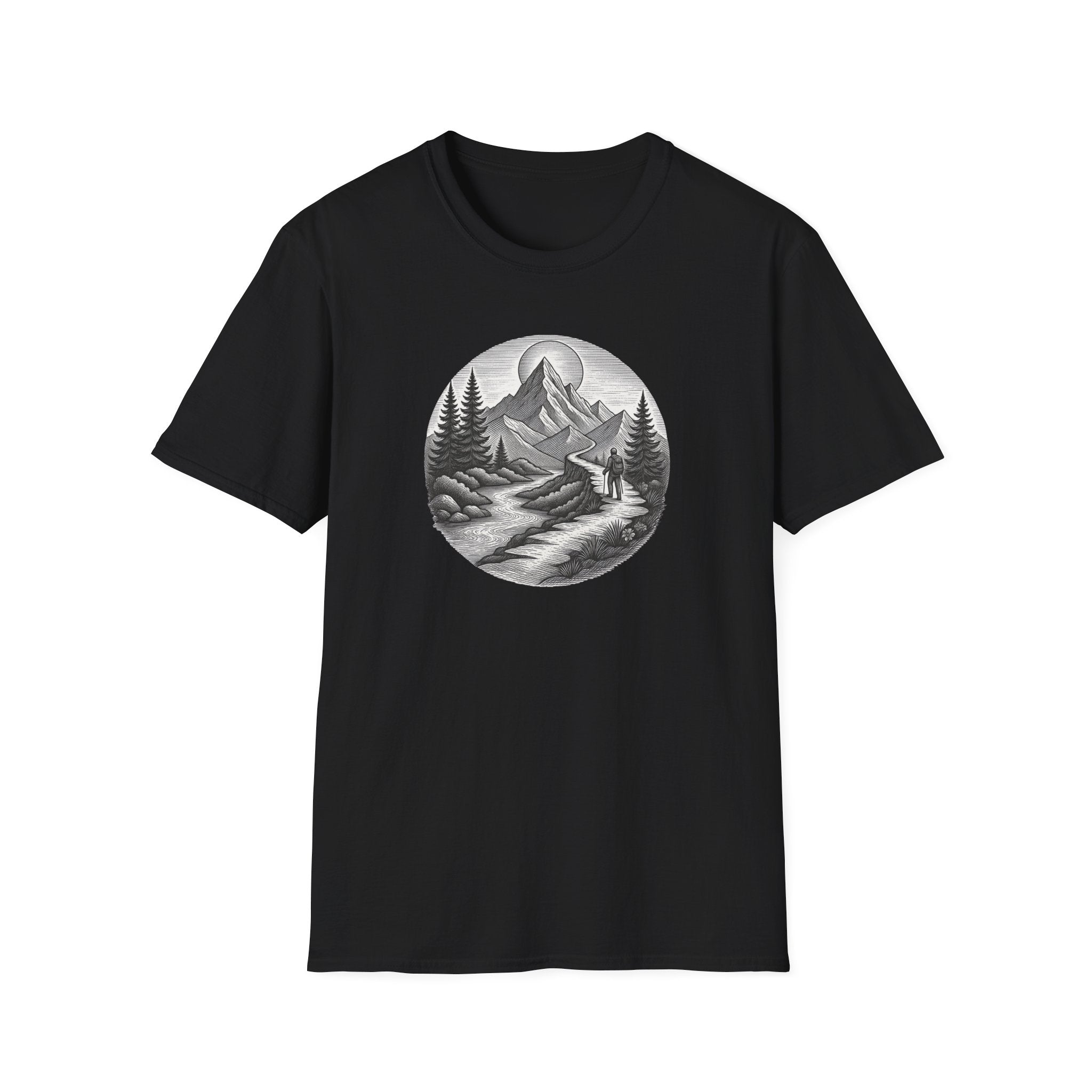 Mountain Landscape T-Shirt | Hand-Drawn River Pines