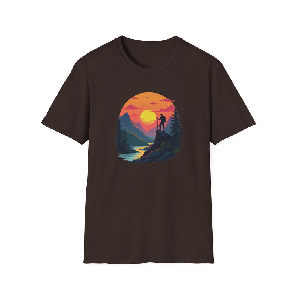 Sunset Mountain Hike T-Shirt | Hiker Silhouette, Scenic River