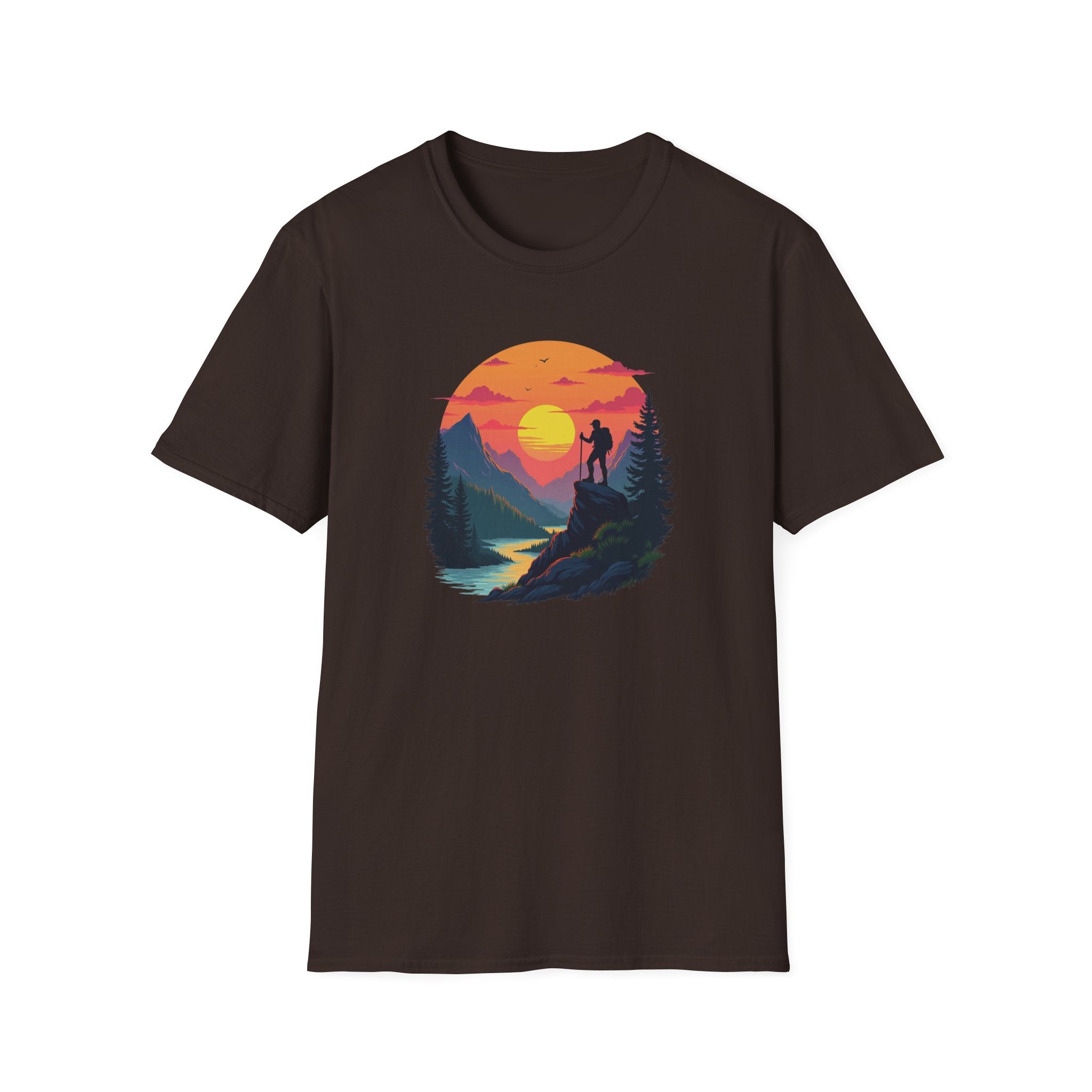 Sunset Mountain Hike T-Shirt | Hiker Silhouette, Scenic River