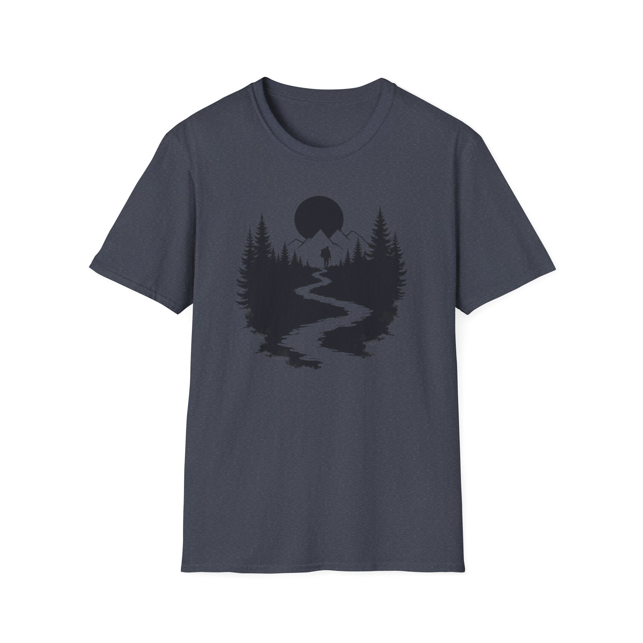 Mountain River Silhouette T-Shirt Monochrome | Forest Hiking Nature Tee