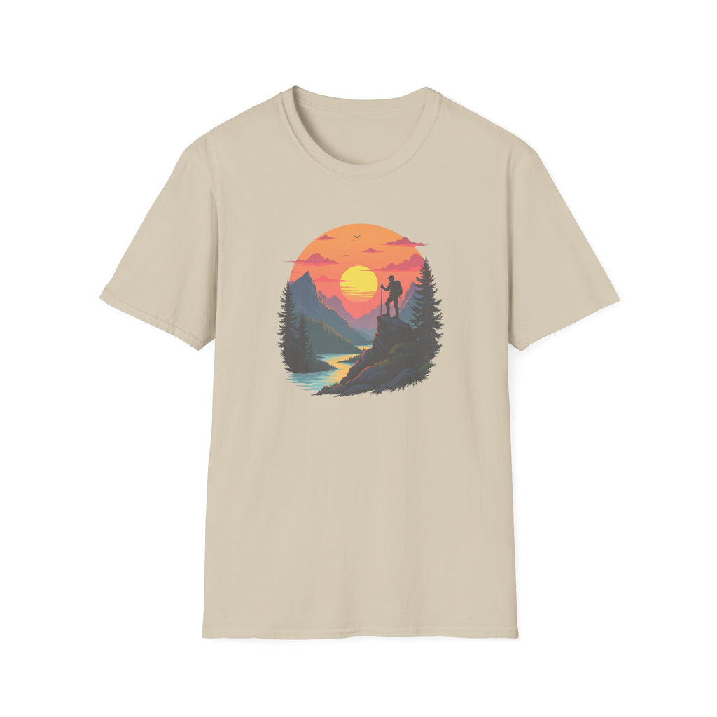 Sunset Mountain Hike T-Shirt | Hiker Silhouette, Scenic River