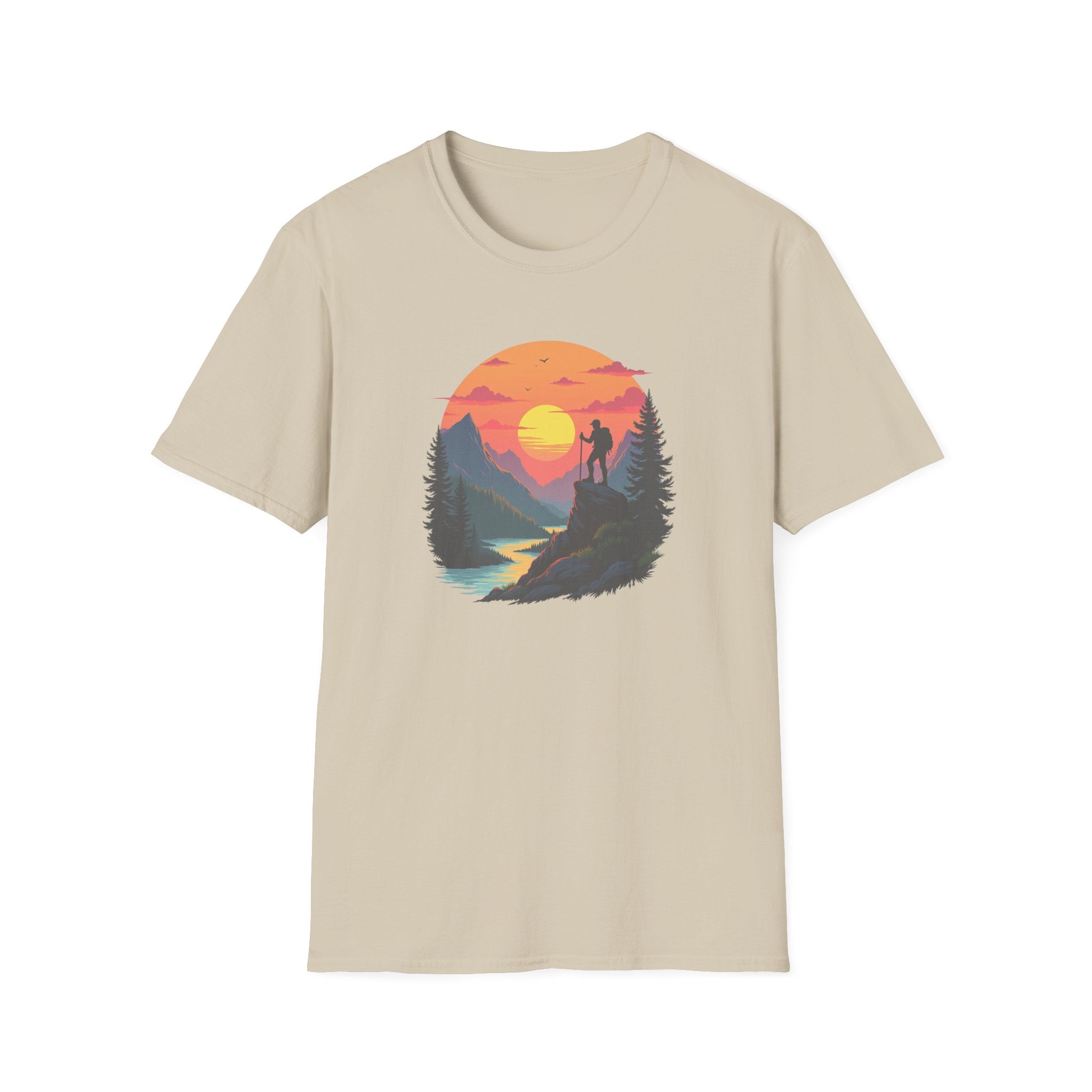 Sunset Mountain Hike T-Shirt | Hiker Silhouette, Scenic River
