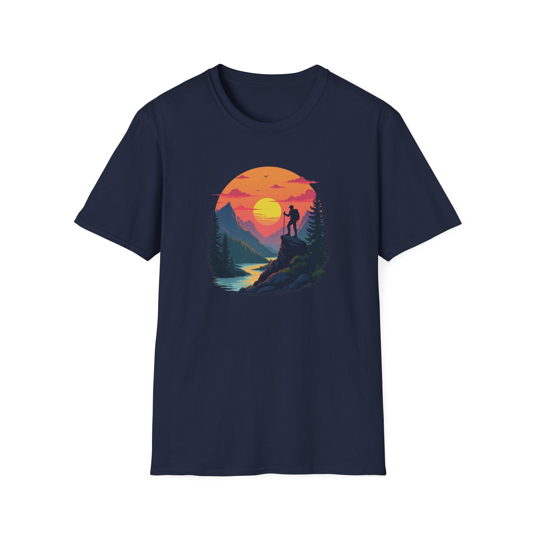 Sunset Mountain Hike T-Shirt | Hiker Silhouette, Scenic River