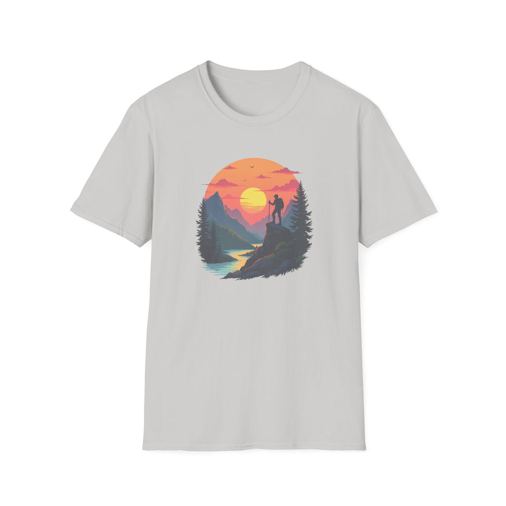 Sunset Mountain Hike T-Shirt | Hiker Silhouette, Scenic River