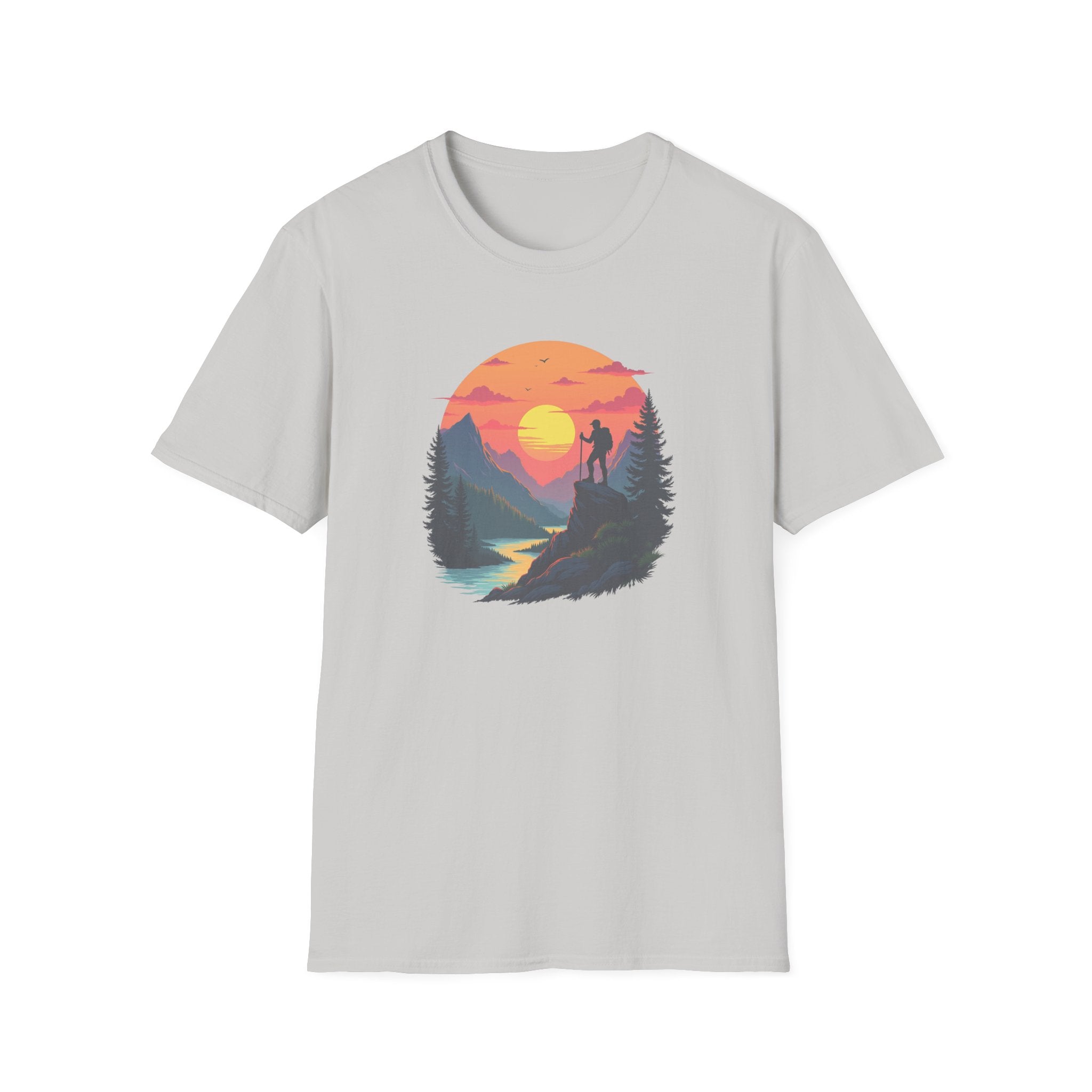 Sunset Mountain Hike T-Shirt | Hiker Silhouette, Scenic River