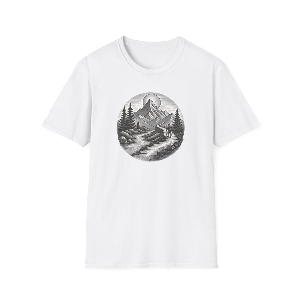 Mountain Landscape T-Shirt | Hand-Drawn River Pines
