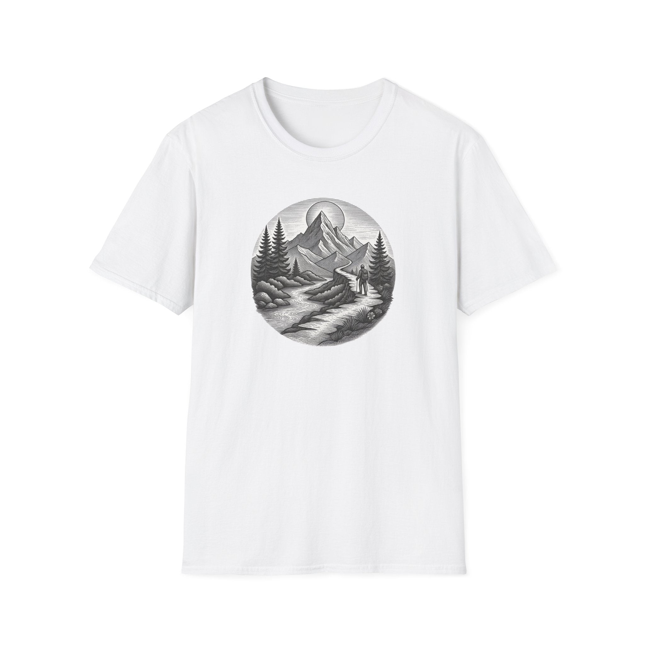 Mountain Landscape T-Shirt | Hand-Drawn River Pines