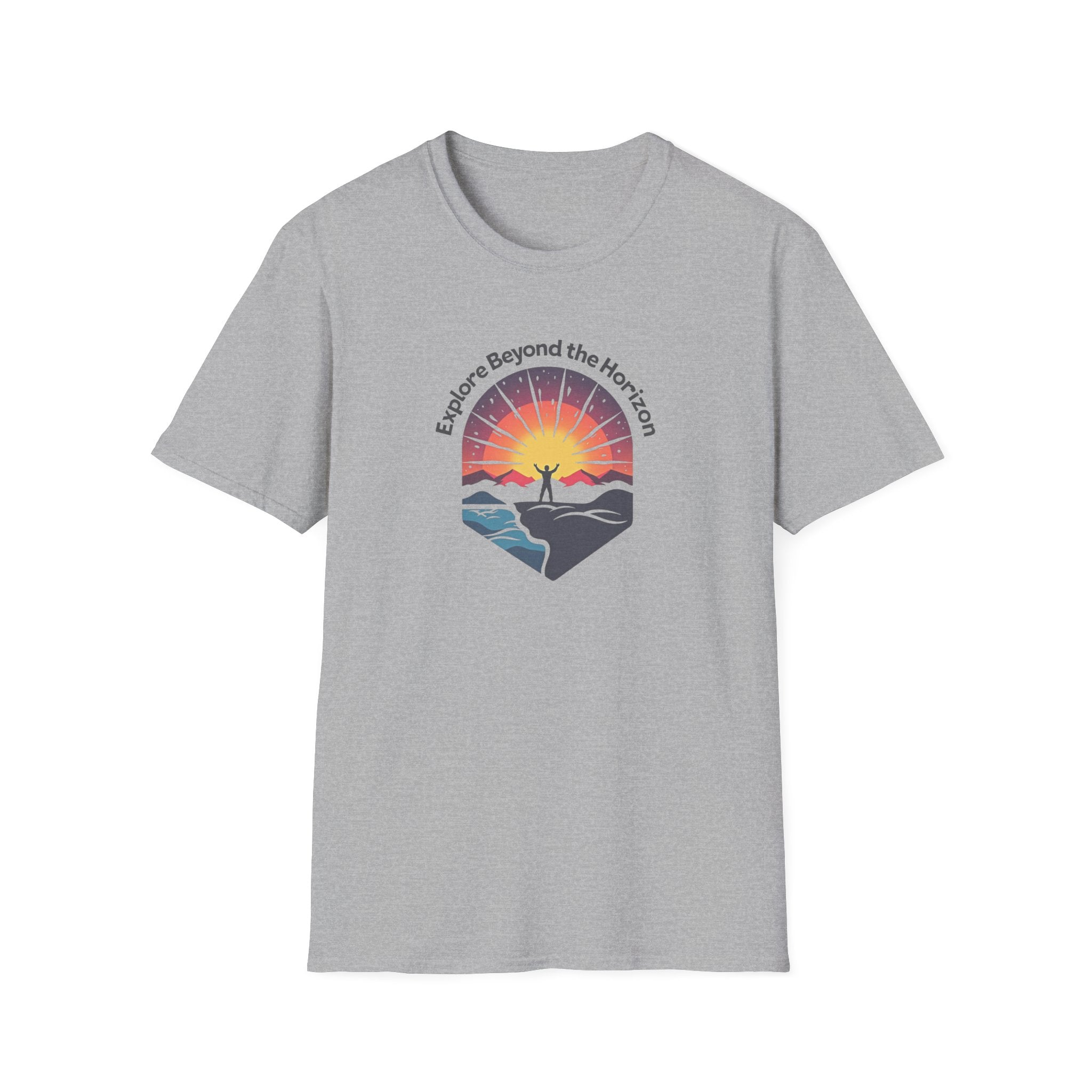 Explore Beyond the Horizon T-Shirt | Sunset Adventure Graphic