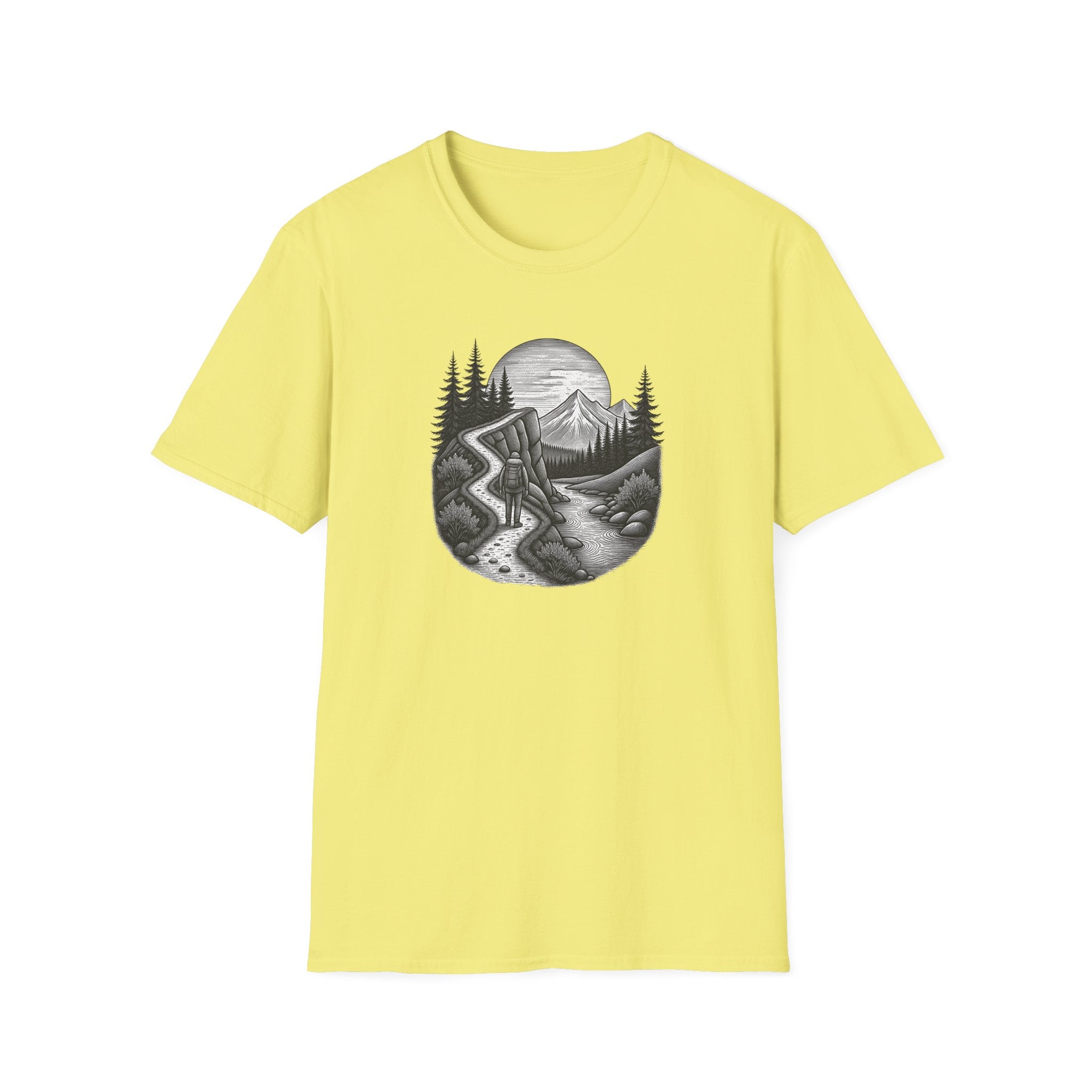 Mountain Road Etched Illustration T-Shirt | Scenic Forest Landscape