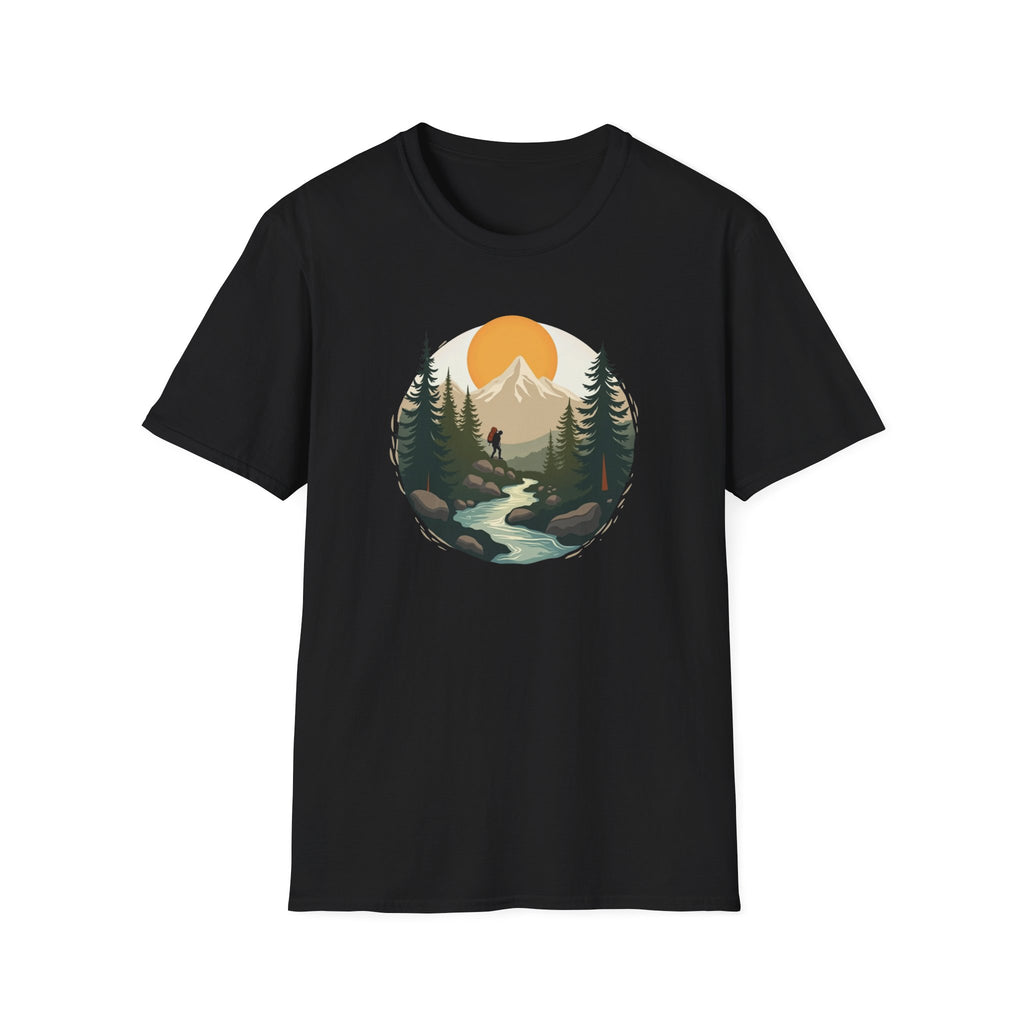 Mountain Sunset Hiker T-Shirt | Scenic Forest River Graphic