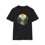 Mountain Sunset Hiker T-Shirt | Scenic Forest River Graphic