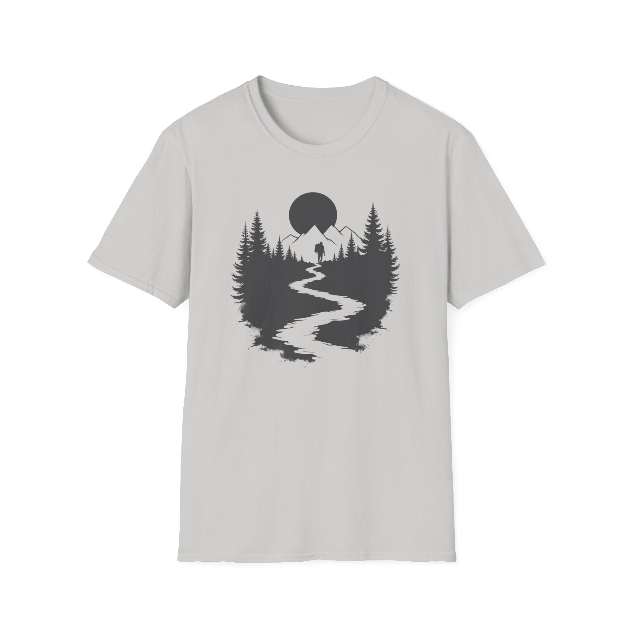 Mountain River Silhouette T-Shirt Monochrome | Forest Hiking Nature Tee