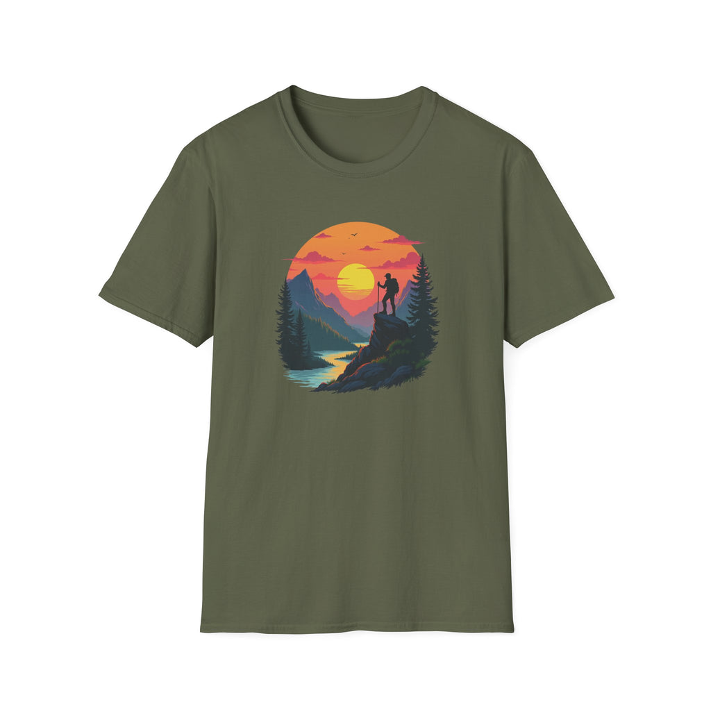Sunset Mountain Hike T-Shirt | Hiker Silhouette, Scenic River