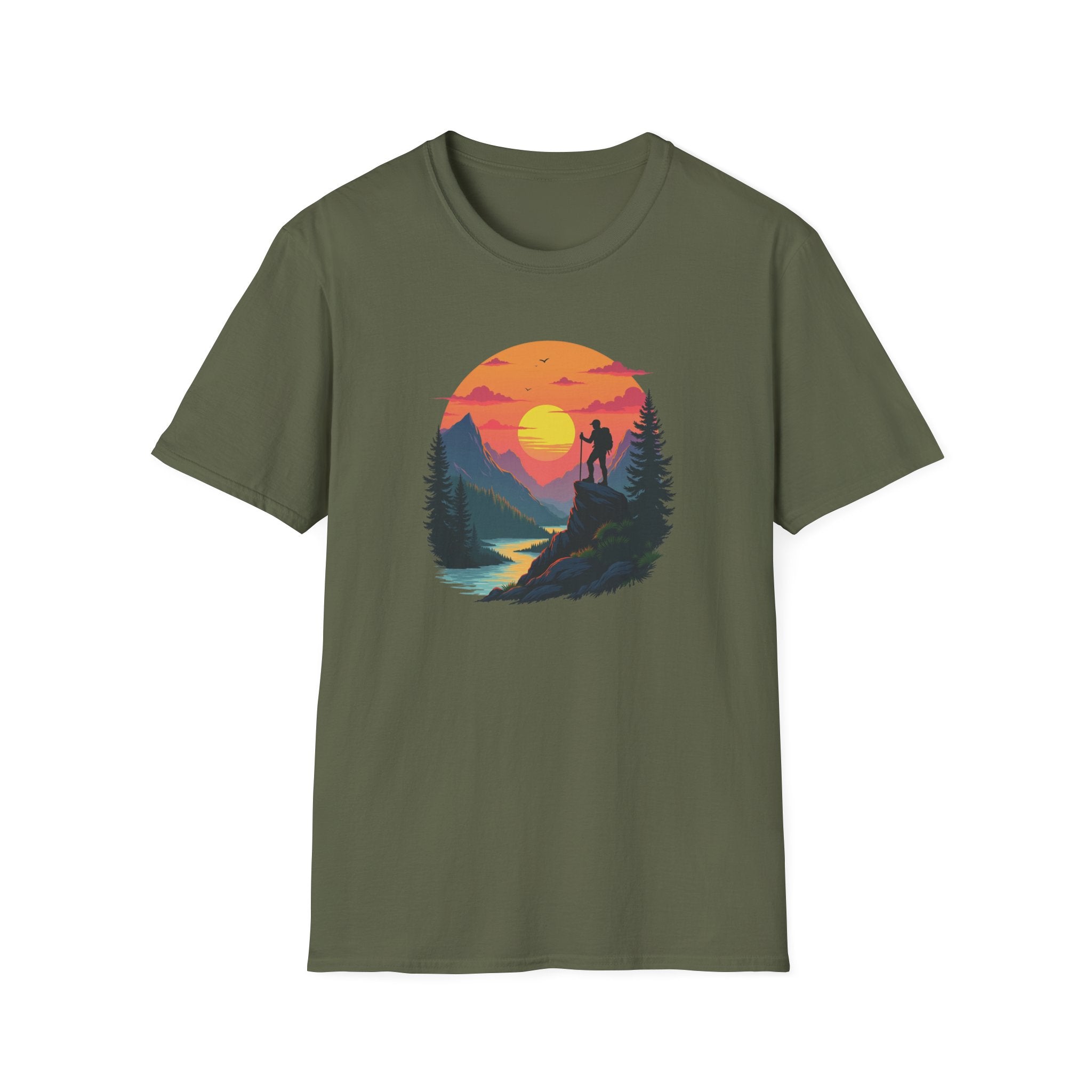 Sunset Mountain Hike T-Shirt | Hiker Silhouette, Scenic River