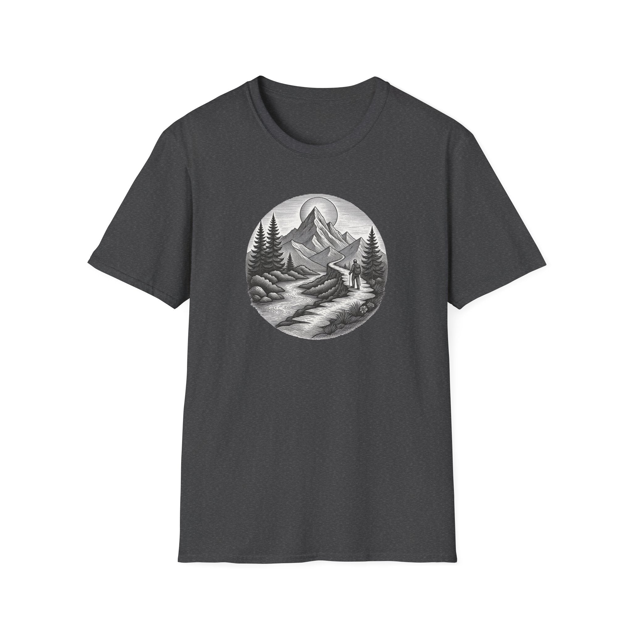 Mountain Landscape T-Shirt | Hand-Drawn River Pines